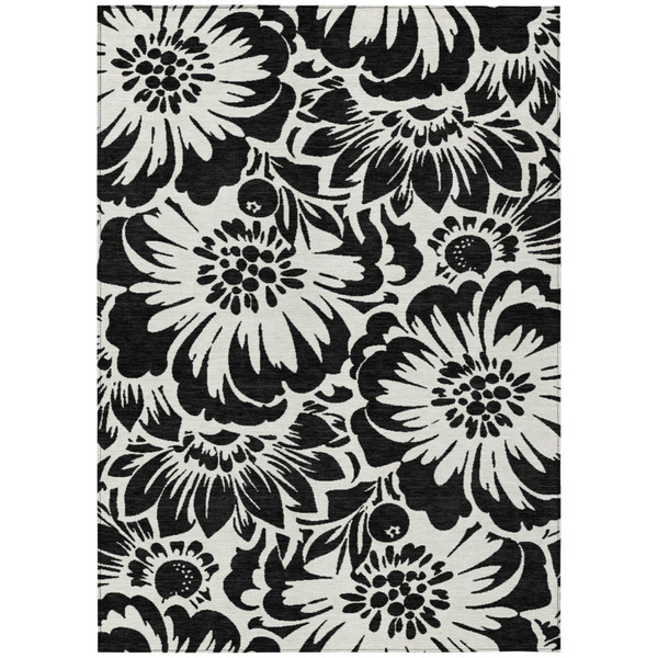 8' X 10' Black and Ivory Floral Washable Non Skid Indoor Outdoor Area Rug N270-562413