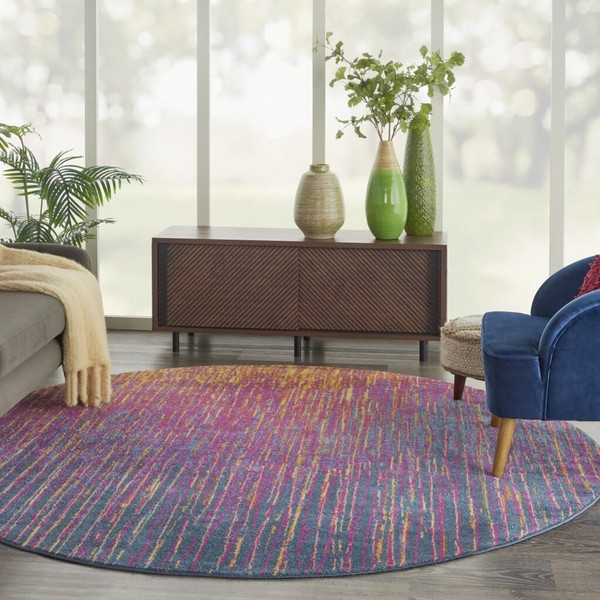 8' Blue And Pink Round Abstract Power Loom Area Rug N270-385277