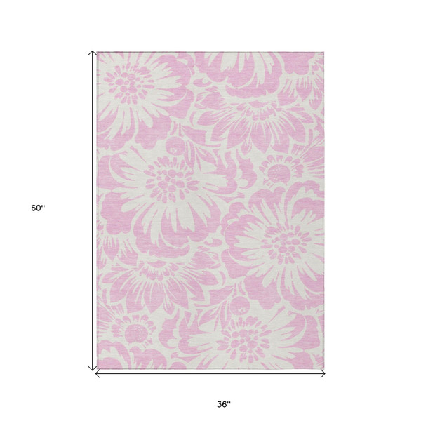 3' X 5' Pink and Ivory Floral Washable Non Skid Indoor Outdoor Area Rug N270-562509