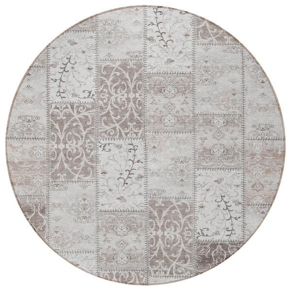 8' Round Taupe and Ivory Round Patchwork Washable Non Skid Indoor Outdoor Area Rug N270-563579