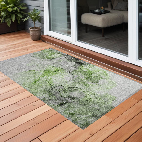 3' X 5' Green Abstract Washable Non Skid Indoor Outdoor Area Rug N270-560405
