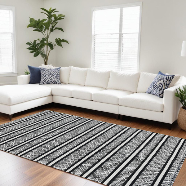 8' X 10' Black and White Wool Geometric Stripe Hand Loomed Area Rug N270-554699