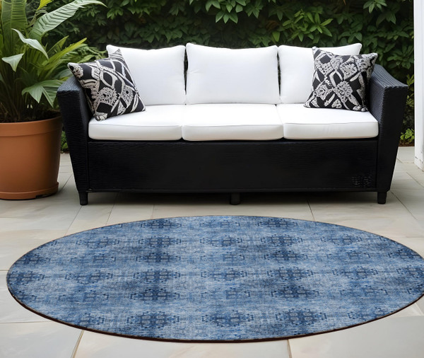 8' X 8' Navy Blue Round Floral Medallion Washable Non Skid Indoor Outdoor Area Rug N270-562967