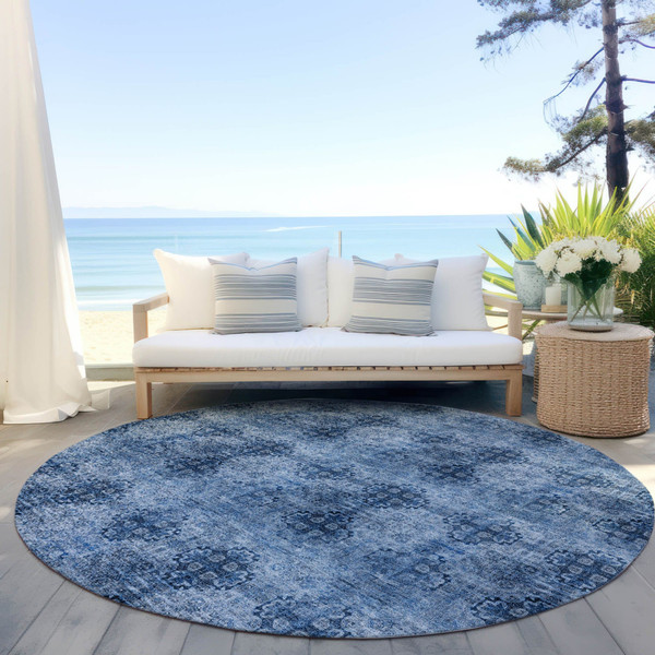 8' X 8' Navy Blue Round Floral Medallion Washable Non Skid Indoor Outdoor Area Rug N270-562967