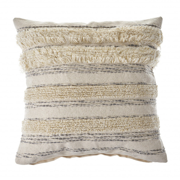 20" X 20" Cream Gray And Gold 100% Cotton Striped Zippered Pillow N270-516961