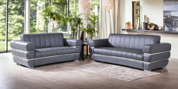 Two Piece Indoor Dark Gray Italian Leather Five Person Seating Set N270-476551