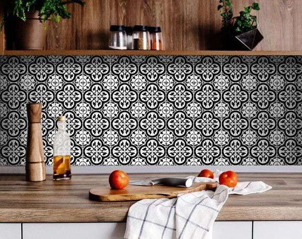 4" X 4" Black and White Roka Peel and Stick Removable Tiles N270-399935