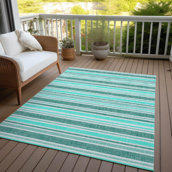 9' X 12' Turquoise Striped Washable Indoor Outdoor Area Rug N270-561291