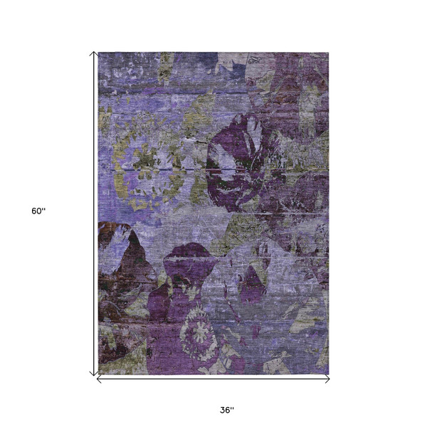 3' X 5' Purple and Green Floral Washable Non Skid Indoor Outdoor Area Rug N270-562779