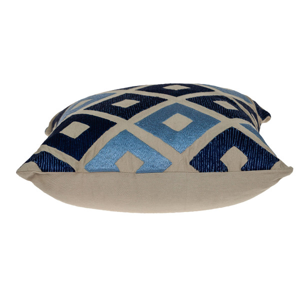 18" Beige and Blue Diamond Cotton Throw Pillow With Embroidery N270-529266