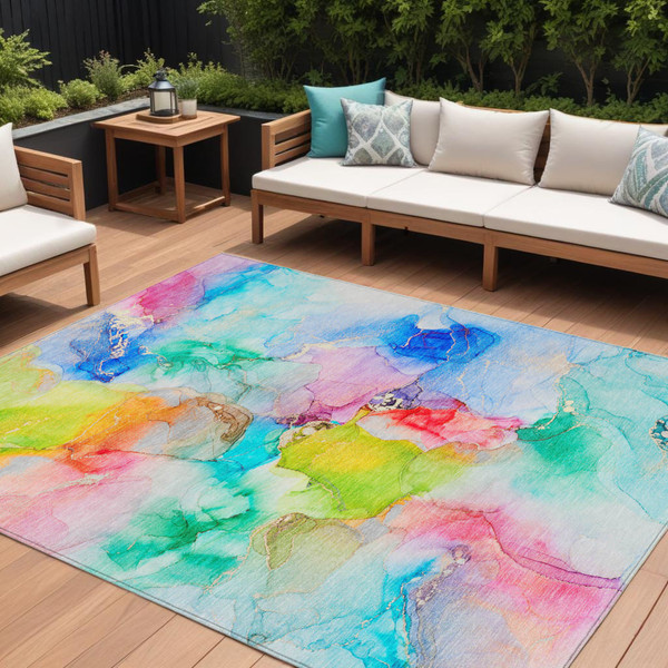 8' X 10' Blue Pink and Green Abstract Washable Indoor Outdoor Area Rug N270-560642