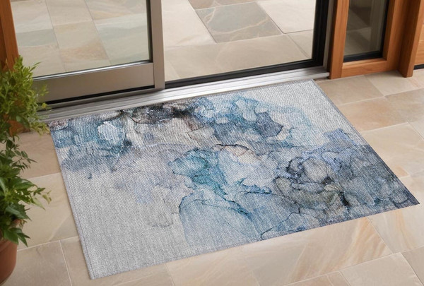 3' X 5' Blue and Gray Abstract Washable Non Skid Indoor Outdoor Area Rug N270-560396