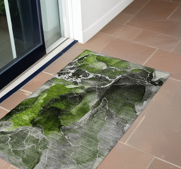 2' X 3' Green Abstract Washable Non Skid Indoor Outdoor Area Rug N270-559451