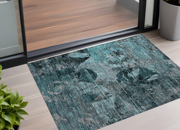 2' X 3' Teal and Gray Floral Washable Non Skid Indoor Outdoor Area Rug N270-562794