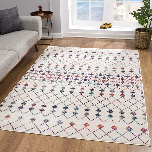 5' X 8' White Modern Geometric Grid Area Rug N270-393090