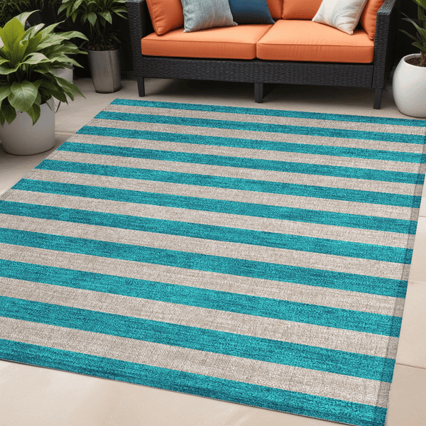 5' X 8' Turquoise Striped Washable Non Skid Indoor Outdoor Area Rug N270-561126