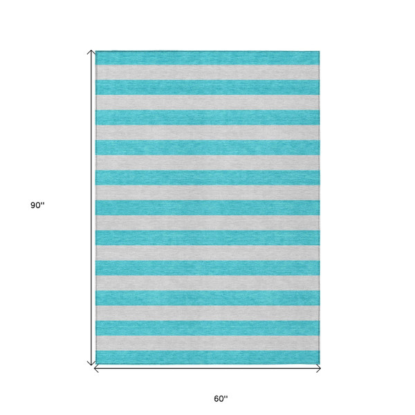 5' X 8' Turquoise Striped Washable Non Skid Indoor Outdoor Area Rug N270-561126