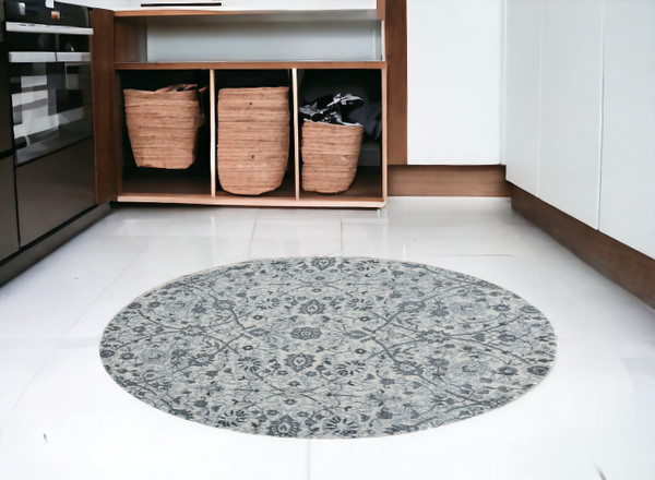 6' Charcoal and Gray Floral Power Loom Round Rug N270-531831