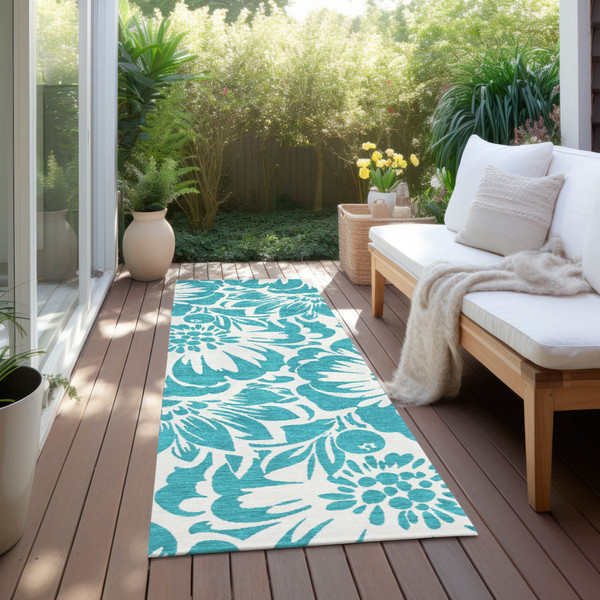 2' X 8' Teal and Ivory Floral Washable Non Skid Indoor Outdoor Runner Rug N270-562543