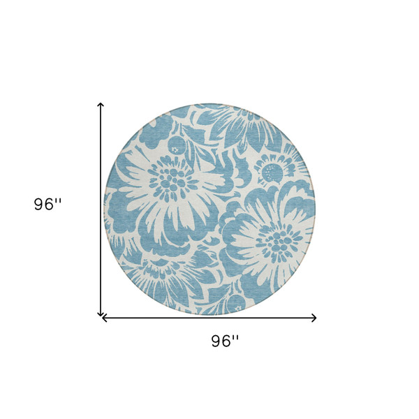 8' Round Denim and Ivory Round Floral Washable Non Skid Indoor Outdoor Area Rug N270-562439