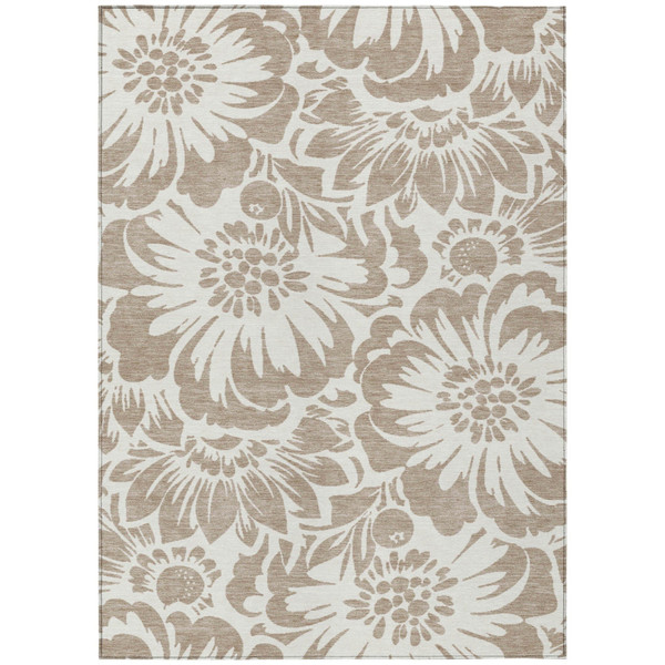 9' X 12' Taupe and Ivory Floral Washable Non Skid Indoor Outdoor Area Rug N270-562540