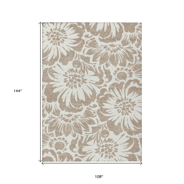 9' X 12' Taupe and Ivory Floral Washable Non Skid Indoor Outdoor Area Rug N270-562540