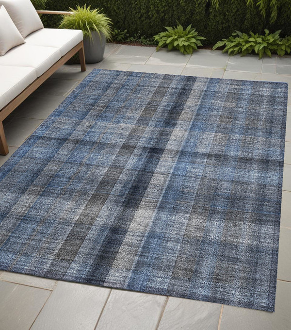 5' X 8' Blue Plaid Washable Non Skid Indoor Outdoor Area Rug N270-562213