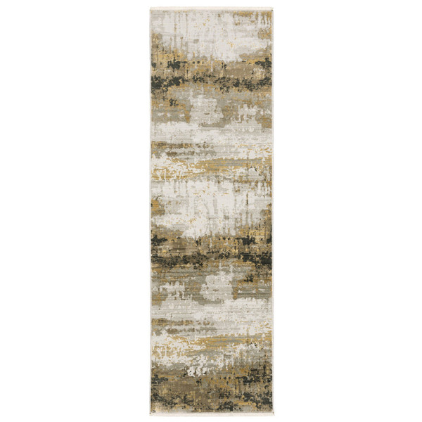 8' Grey Gold Black Charcoal And Beige Abstract Power Loom Runner Rug With Fringe N270-510333