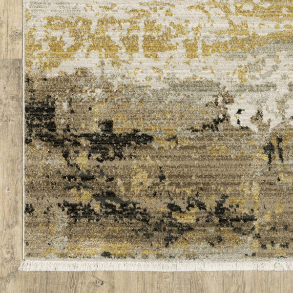 8' Grey Gold Black Charcoal And Beige Abstract Power Loom Runner Rug With Fringe N270-510333