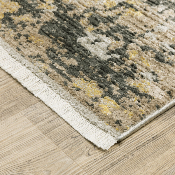 8' Grey Gold Black Charcoal And Beige Abstract Power Loom Runner Rug With Fringe N270-510333