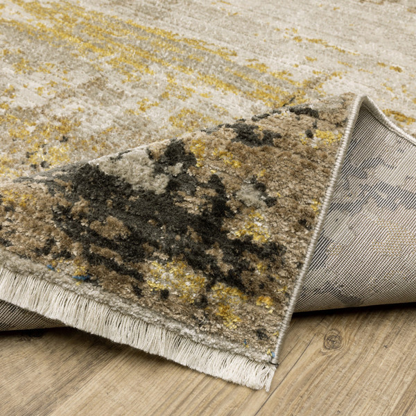 8' Grey Gold Black Charcoal And Beige Abstract Power Loom Runner Rug With Fringe N270-510333