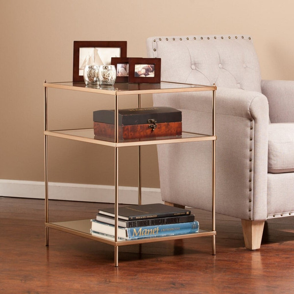 27" Gold And Clear Glass And Iron End Table With Mirrored Shelf N270-402479