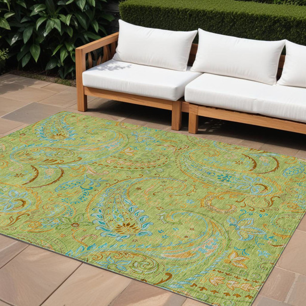 9' X 12' Artichoke Green Paisley Washable Indoor Outdoor Area Rug N270-561381