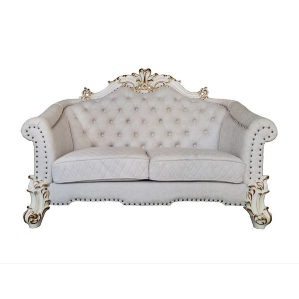 66" Two Tone Ivory And Pearl Velvet Loveseat and Toss Pillows N270-515714