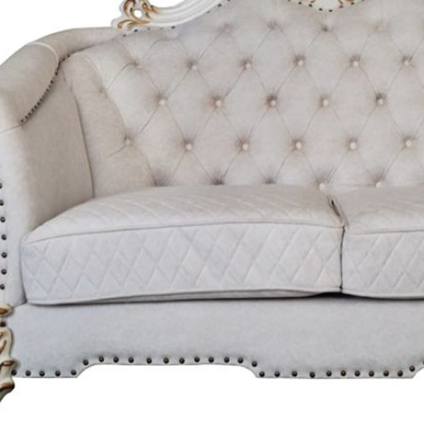 66" Two Tone Ivory And Pearl Velvet Loveseat and Toss Pillows N270-515714
