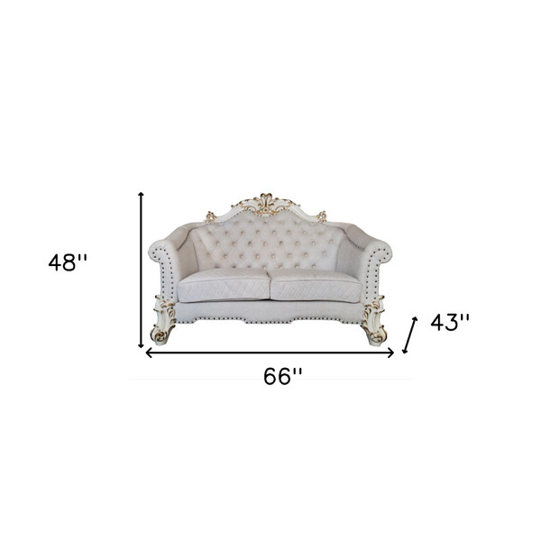 66" Two Tone Ivory And Pearl Velvet Loveseat and Toss Pillows N270-515714