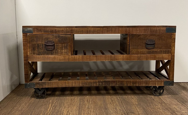 18" Brown and Black Solid Wood Distressed Wheel Console Table With Shelves And Drawers N270-387800