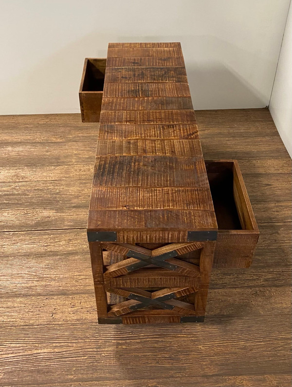 18" Brown and Black Solid Wood Distressed Wheel Console Table With Shelves And Drawers N270-387800