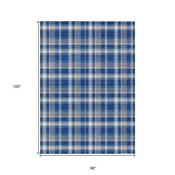 8' X 10' Navy and Ivory Plaid Washable Non Skid Indoor Outdoor Area Rug N270-563373