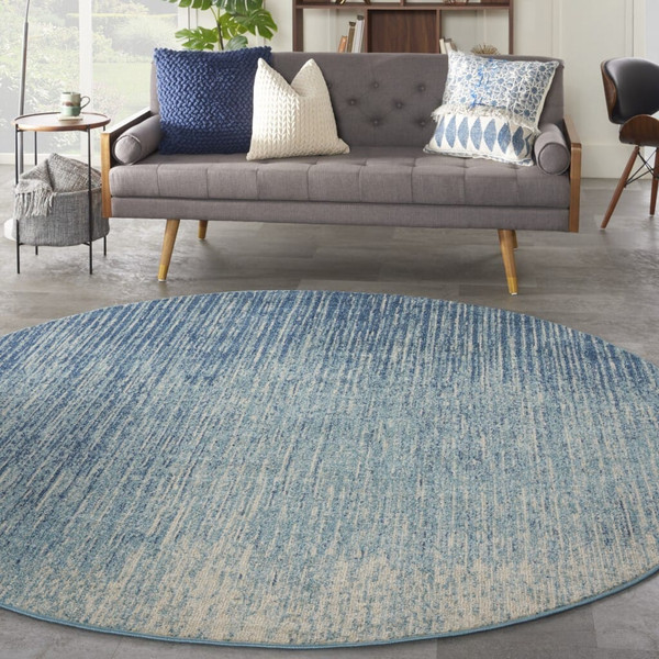 8' Blue and Ivory Abstract Power Loom Round Rug N270-385288