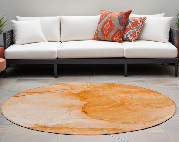 8' Round Orange Round Abstract Washable Non Skid Indoor Outdoor Area Rug N270-559753