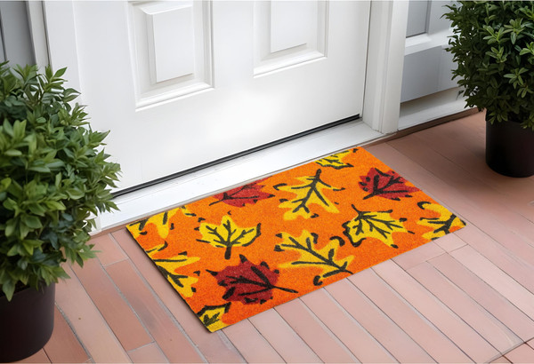 17" X 29" Orange Black and Yellow Coir Leaves Outdoor Fall Door Mat N270-555258