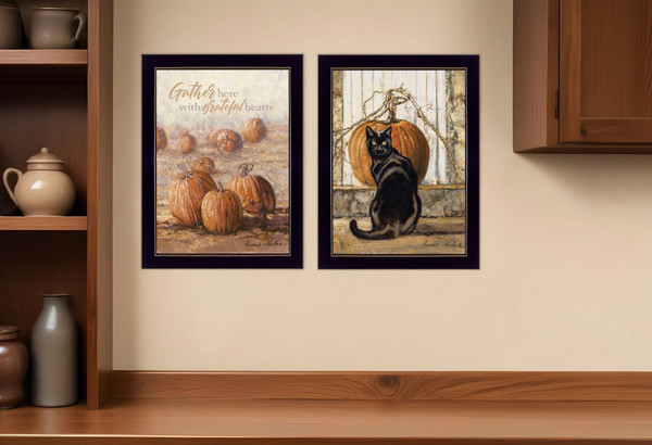 Set Of Two Pumpkins with A Black Cat Black Framed Print Wall Art N270-407944