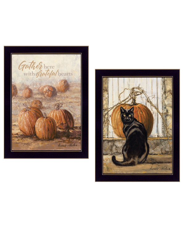 Set Of Two Pumpkins with A Black Cat Black Framed Print Wall Art N270-407944