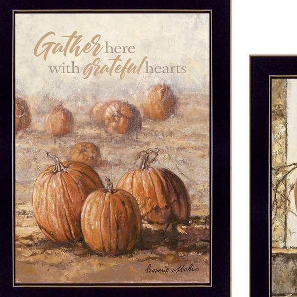 Set Of Two Pumpkins with A Black Cat Black Framed Print Wall Art N270-407944