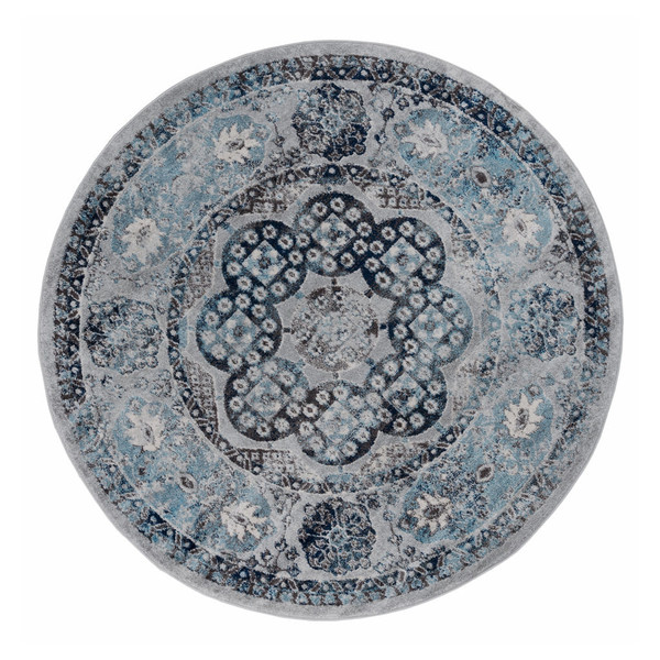6' Gray and Blue Medallion Power Loom Round Rug N270-531887