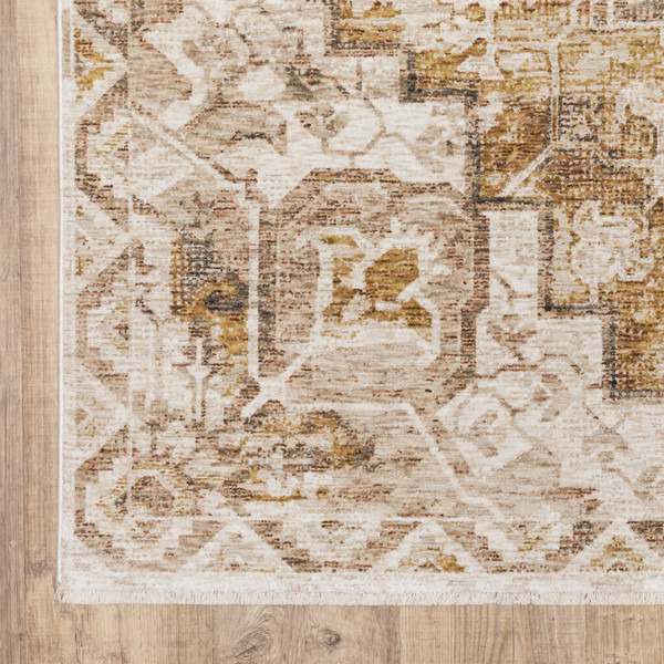 2' X 8' Gold And Ivory Oriental Power Loom Stain Resistant Runner Rug With Fringe N270-509373