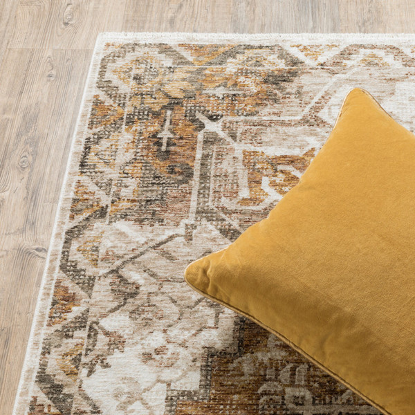 2' X 8' Gold And Ivory Oriental Power Loom Stain Resistant Runner Rug With Fringe N270-509373