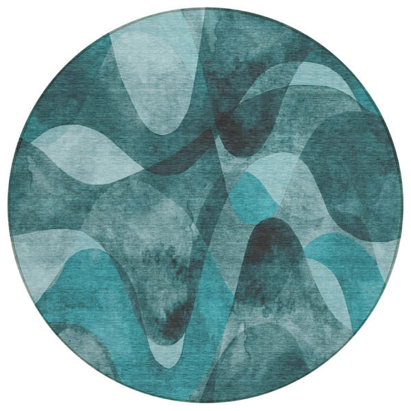 8' Round Teal Round Abstract Washable Non Skid Indoor Outdoor Area Rug N270-561629