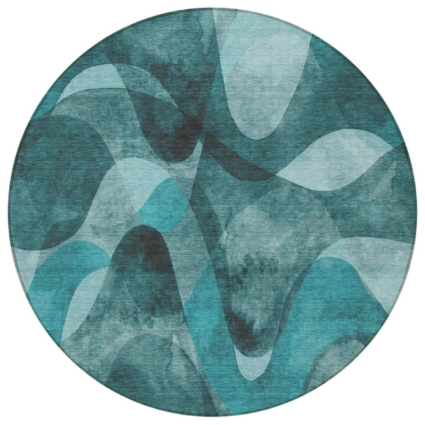 8' Round Teal Round Abstract Washable Non Skid Indoor Outdoor Area Rug N270-561629